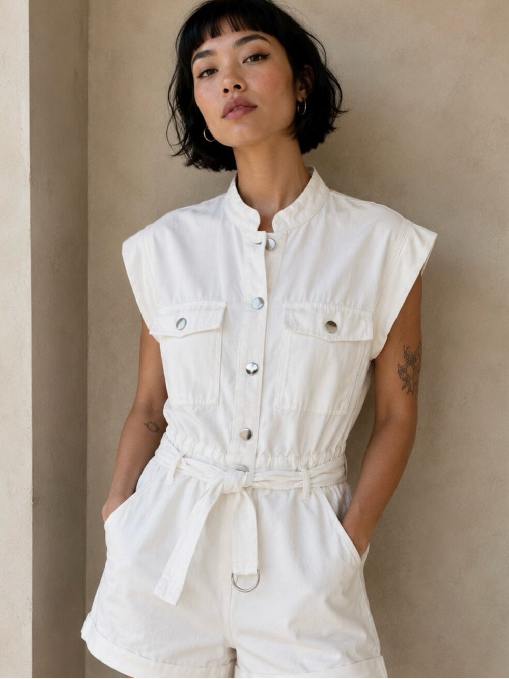 Sleeveless White Utility Romper